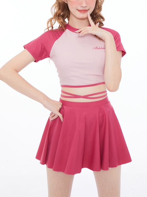 Rose Red Round Neck Preppy Style Girl Cute Sweet Short-Sleeved Skirt Split Swimsuit