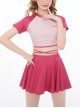 Rose Red Round Neck Preppy Style Girl Cute Sweet Short-Sleeved Skirt Split Swimsuit