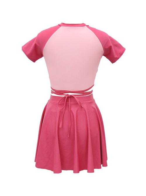 Rose Red Round Neck Preppy Style Girl Cute Sweet Short-Sleeved Skirt Split Swimsuit