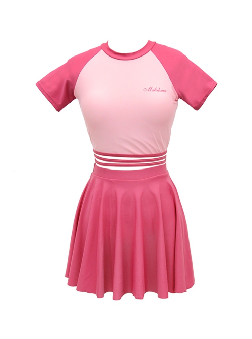 Rose Red Round Neck Preppy Style Girl Cute Sweet Short-Sleeved Skirt Split Swimsuit