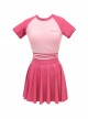 Rose Red Round Neck Preppy Style Girl Cute Sweet Short-Sleeved Skirt Split Swimsuit