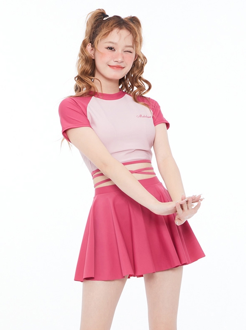 Rose Red Round Neck Preppy Style Girl Cute Sweet Short-Sleeved Skirt Split Swimsuit