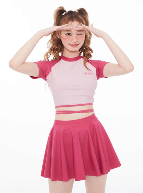 Rose Red Round Neck Preppy Style Girl Cute Sweet Short-Sleeved Skirt Split Swimsuit