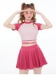 Rose Red Round Neck Preppy Style Girl Cute Sweet Short-Sleeved Skirt Split Swimsuit