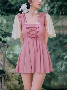 Pink Cute Retro Girly Lace Sweet Lolita Short-Sleeved One-Piece Swimsuit