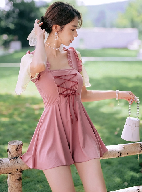 Pink Cute Retro Girly Lace Sweet Lolita Short-Sleeved One-Piece Swimsuit