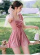 Pink Cute Retro Girly Lace Sweet Lolita Short-Sleeved One-Piece Swimsuit