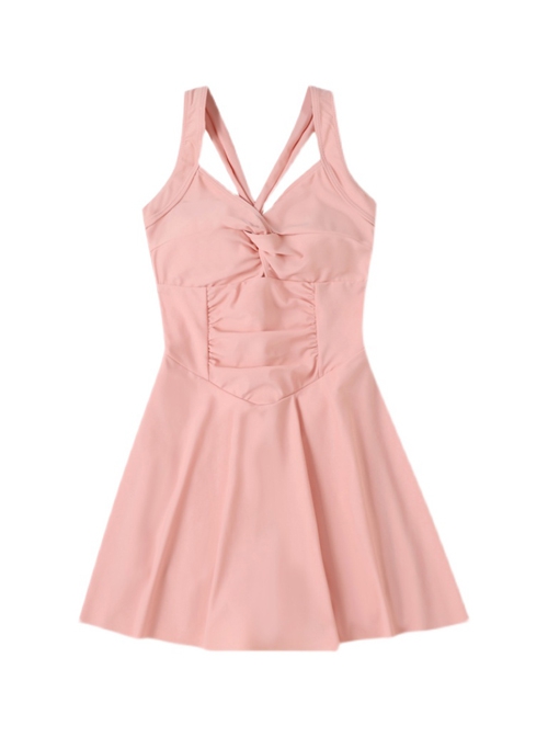 Pink Solid Color Summer Cute Girly Backless Lacing Sweet Sleeveless One-Piece Swimsuit