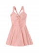 Pink Solid Color Summer Cute Girly Backless Lacing Sweet Sleeveless One-Piece Swimsuit