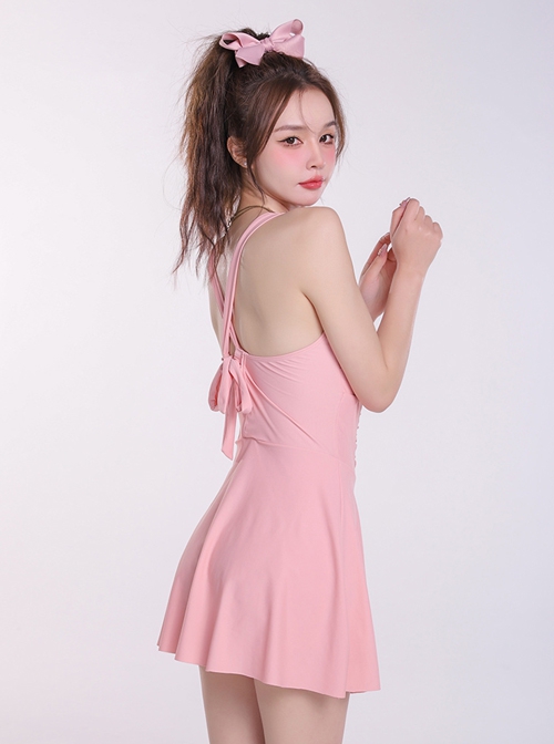 Pink Solid Color Summer Cute Girly Backless Lacing Sweet Sleeveless One-Piece Swimsuit