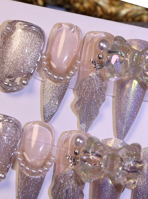 Handmade Oversized Bowknot Crystal Stone Shell Cat Eye Detachable Finished Manicure Nail Pieces