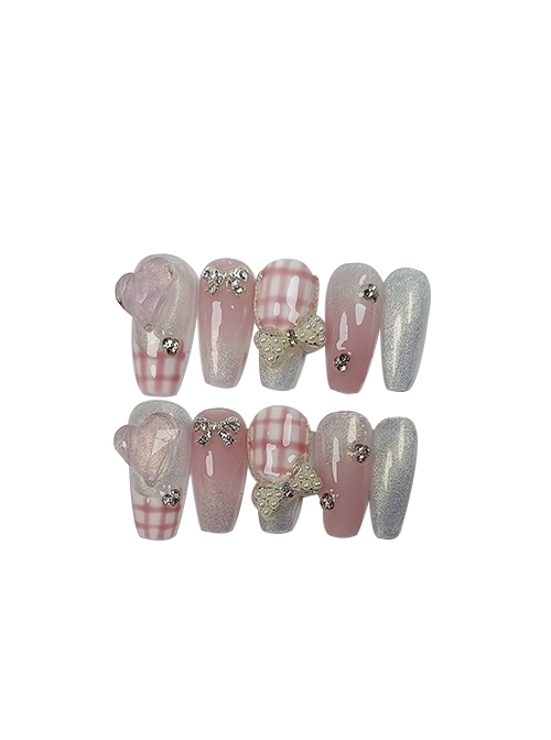 Pink Gradient Sweet Plaid Bowknot Rhinestone Oversized Love Detachable Finished Manicure Nail Pieces