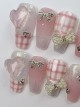 Pink Gradient Sweet Plaid Bowknot Rhinestone Oversized Love Detachable Finished Manicure Nail Pieces