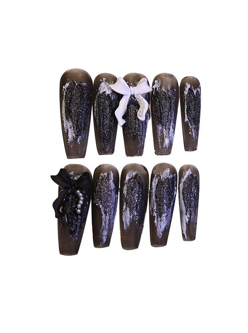 Black-White Gypsum Matte Bowknot Cool Girl Detachable Finished Manicure Nail Pieces