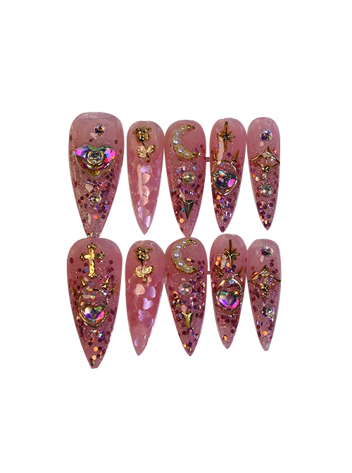 Beautiful Girl Colorful Love Golden Rose Rhinestone Sweet Water Drop Shape Detachable Finished Manicure Nail Pieces