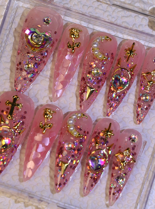 Beautiful Girl Colorful Love Golden Rose Rhinestone Sweet Water Drop Shape Detachable Finished Manicure Nail Pieces