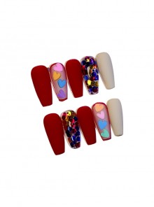 Wine Red Matte Sequins Colorful Love Detachable Finished Manicure Nail Pieces