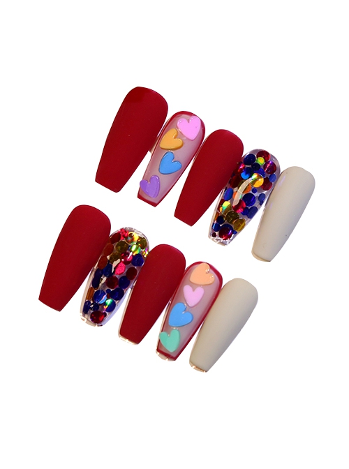 Wine Red Matte Sequins Colorful Love Detachable Finished Manicure Nail Pieces