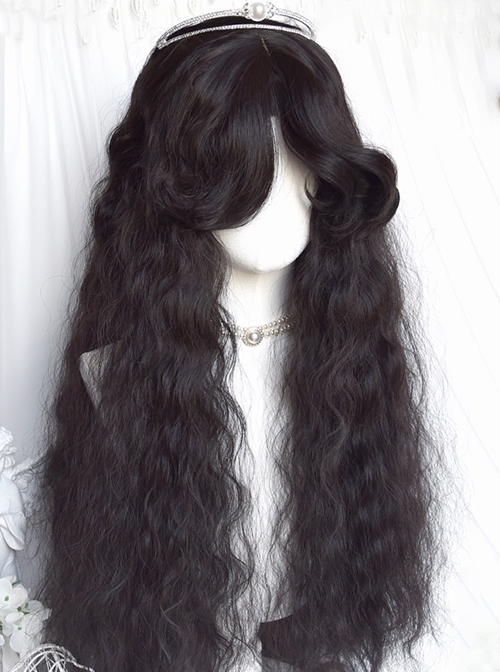 Vintage Black Middle Parted Bangs Wool Roll Elegant Long Curly Hair Classic Lolita Wig