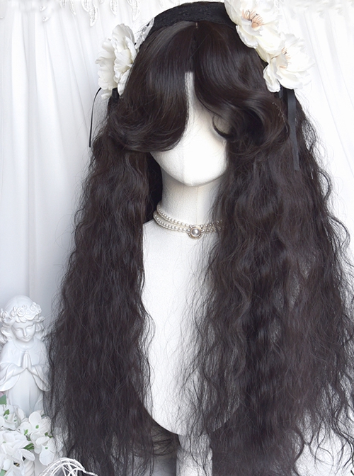 Vintage Black Middle Parted Bangs Wool Roll Elegant Long Curly Hair Classic Lolita Wig