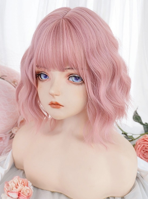 Summer Pink Sweet Air Bangs Natural Short Curly Hair Sweet Lolita Wig