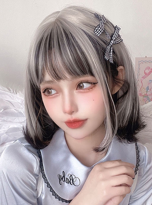 Fashion Silver Black Mixed Color JK Two-Dimensional Short Hair Punk Lolita Wig