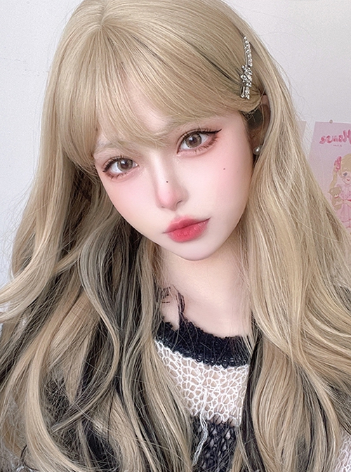 Fashion Natural Golden Mixed Color Black Hanging Ear Dyed Long Curly Hair Classic Lolita Wig