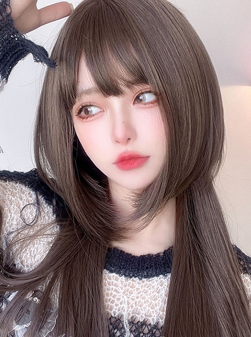 Brown Fashion Natural Bangs Cute Jellyfish Head Long Straight Hair Classic Lolita Wig