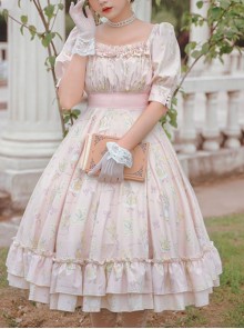 Rabbit And Love Poem Series French Classical Rabbit Flower Print Lantern Sleeve Classic Lolita Short-Sleeved Dress