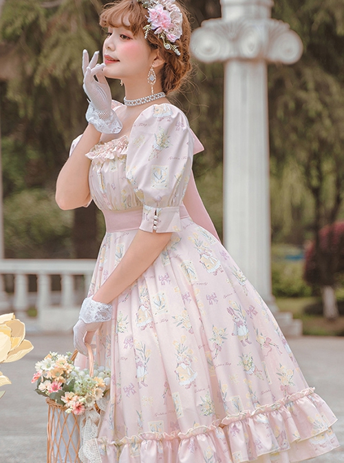 Rabbit And Love Poem Series French Classical Rabbit Flower Print Lantern Sleeve Classic Lolita Short-Sleeved Dress