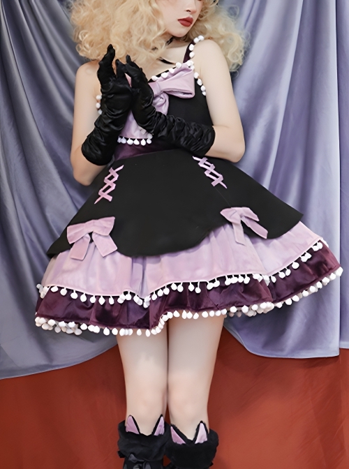 Pure Color Velvet Multicolor Autumn Winter Bowknot Fur Ball Decoration Cute Sweet Lolita Sleeveless Dress