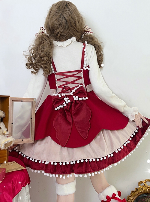 Pure Color Velvet Multicolor Autumn Winter Bowknot Fur Ball Decoration Cute Sweet Lolita Sleeveless Dress