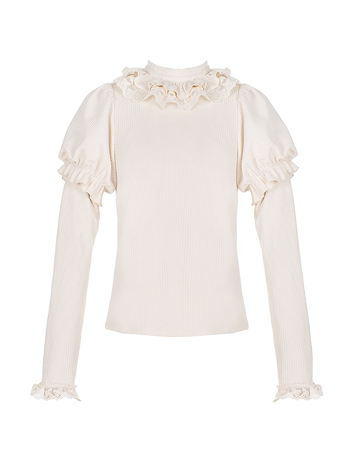 Souffle Series Lace Ruffled Small High Neck Puff Sleeves Stitching Straight Sleeves High Elastic All-Match Sweet Lolita Top