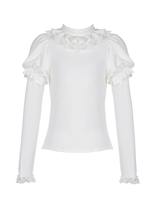 Souffle Series Lace Ruffled Small High Neck Puff Sleeves Stitching Straight Sleeves High Elastic All-Match Sweet Lolita Top