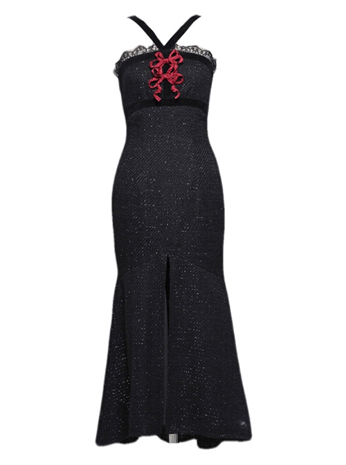 Winter Carol Series Velvet Shoulder Strap Slim Slits Fishtail Skirt Red Bowknot Christmas Gothic Sleeveless Dress