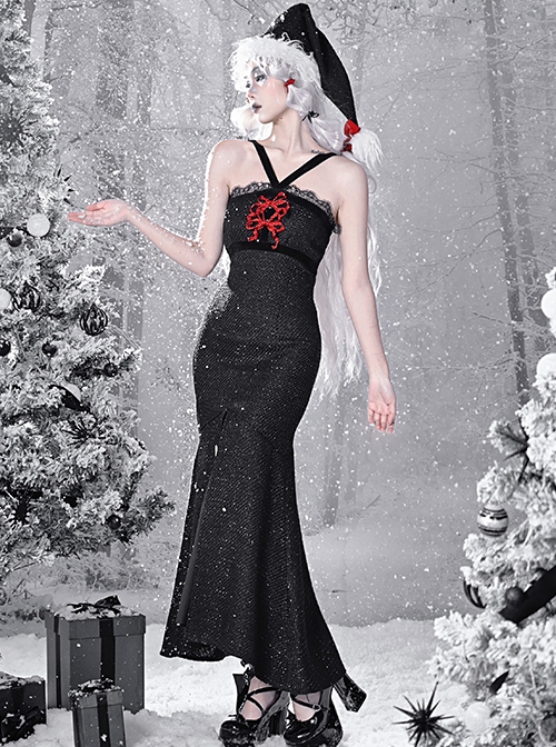 Winter Carol Series Velvet Shoulder Strap Slim Slits Fishtail Skirt Red Bowknot Christmas Gothic Sleeveless Dress