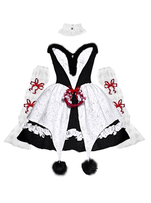 Winter Carol Series Gothic Christmas Plush V-Neck Tube Top Design Sharp Corner Hem Plush Ball Decoration Gothic Lolita Sleeveless Dress Set