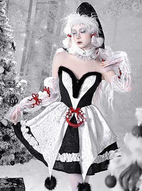 Winter Carol Series Gothic Christmas Plush V-Neck Tube Top Design Sharp Corner Hem Plush Ball Decoration Gothic Lolita Sleeveless Dress Set