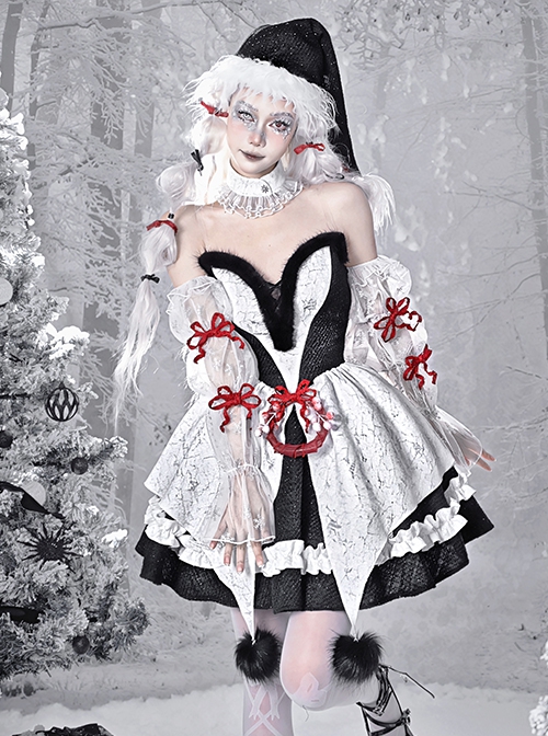 Winter Carol Series Gothic Christmas Plush V-Neck Tube Top Design Sharp Corner Hem Plush Ball Decoration Gothic Lolita Sleeveless Dress Set