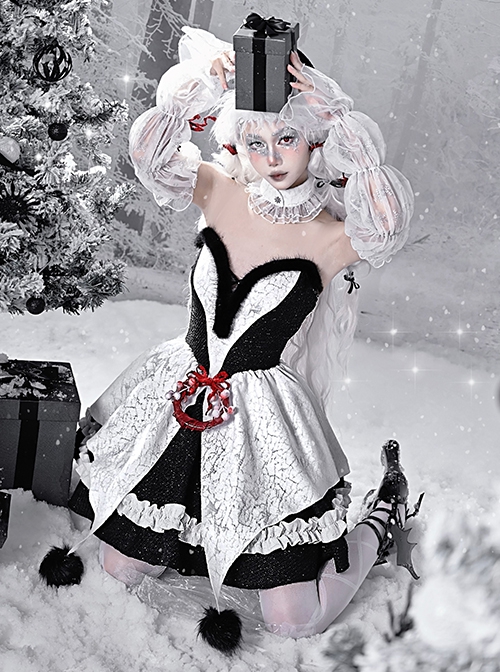 Winter Carol Series Gothic Christmas Plush V-Neck Tube Top Design Sharp Corner Hem Plush Ball Decoration Gothic Lolita Sleeveless Dress Set