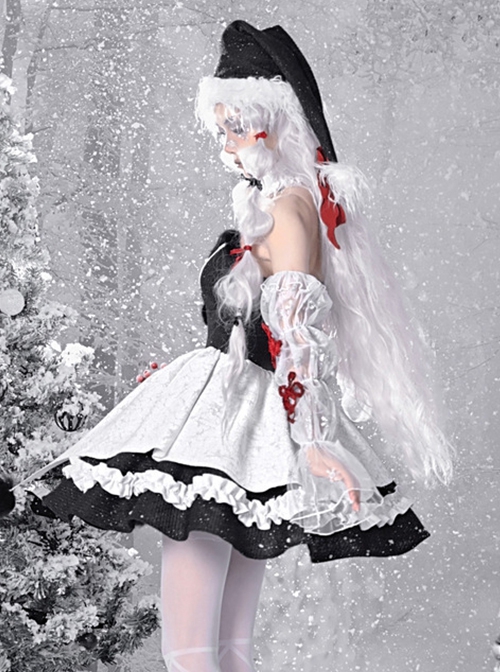 Winter Carol Series Gothic Christmas Plush V-Neck Tube Top Design Sharp Corner Hem Plush Ball Decoration Gothic Lolita Sleeveless Dress Set