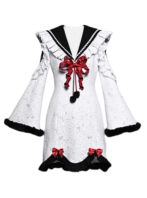 Winter Carol Series Retro V-Shaped Large Lapel Shoulder Lace See-Through Sexy Bell Sleeve Gothic Lolita Long-Sleeved Dress