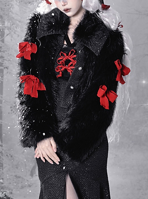 Winter Carol Series Black Eco-Friendly Fur Red Bowknot Decoration Autumn Winter Warm Gothic Lolita Coat