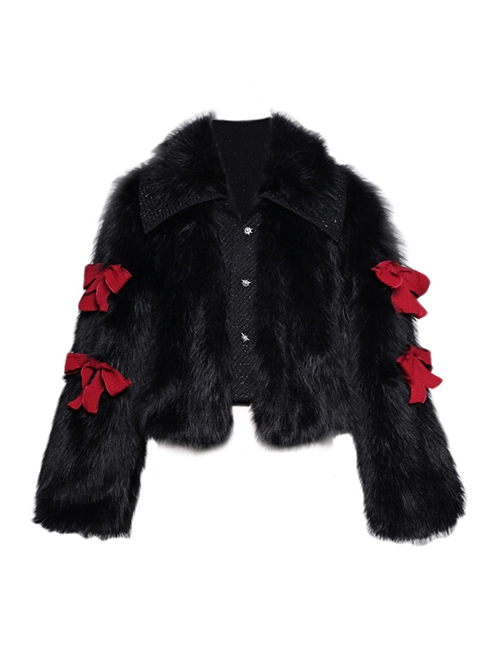 Winter Carol Series Black Eco-Friendly Fur Red Bowknot Decoration Autumn Winter Warm Gothic Lolita Coat