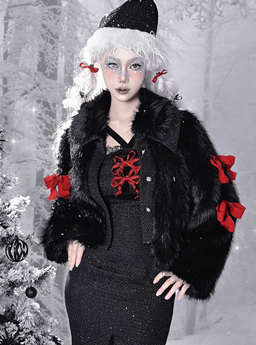 Winter Carol Series Black Eco-Friendly Fur Red Bowknot Decoration Autumn Winter Warm Gothic Lolita Coat