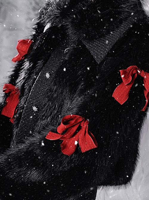 Winter Carol Series Black Eco-Friendly Fur Red Bowknot Decoration Autumn Winter Warm Gothic Lolita Coat