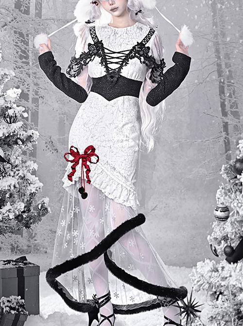 Winter Carol Series Jacquard Fabric Snowflake Printing Black Plush Decoration Transparent Fishtail Skirt Hem Gothic Lolita Long-Sleeved Dress