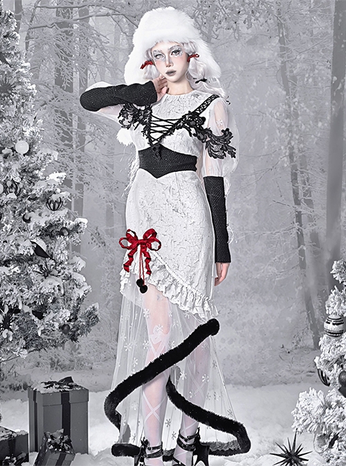 Winter Carol Series Jacquard Fabric Snowflake Printing Black Plush Decoration Transparent Fishtail Skirt Hem Gothic Lolita Long-Sleeved Dress