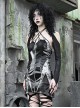 Punk Hanging Neck Hollow Sexy PU Leather Stitching Silver Jacquard Slim Fit Sleeveless Dress