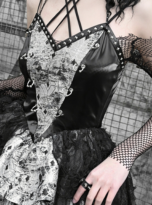 Punk Style Elastic Fishnet Top Hanging Neck Adjustable Straps PU Stitching Cool Girls Sleeveless Dress Set